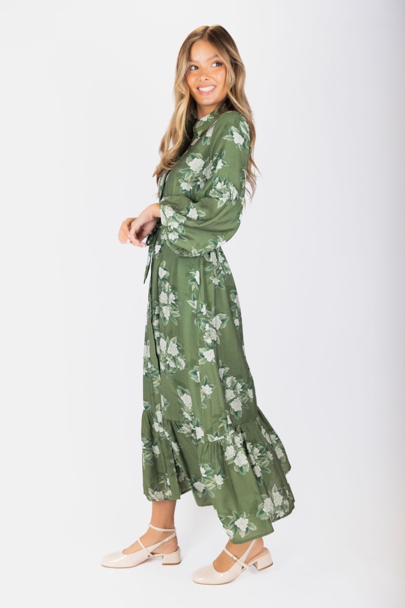 arabesque floral green long sleeve mini dress Farm Rio Arabesque Floral Long-Sleeve High-Neck Mini Dress
