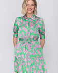 ESME DRESS Short Sleeve (GREEN/PINK) 37" - Dress - Yakira Bella