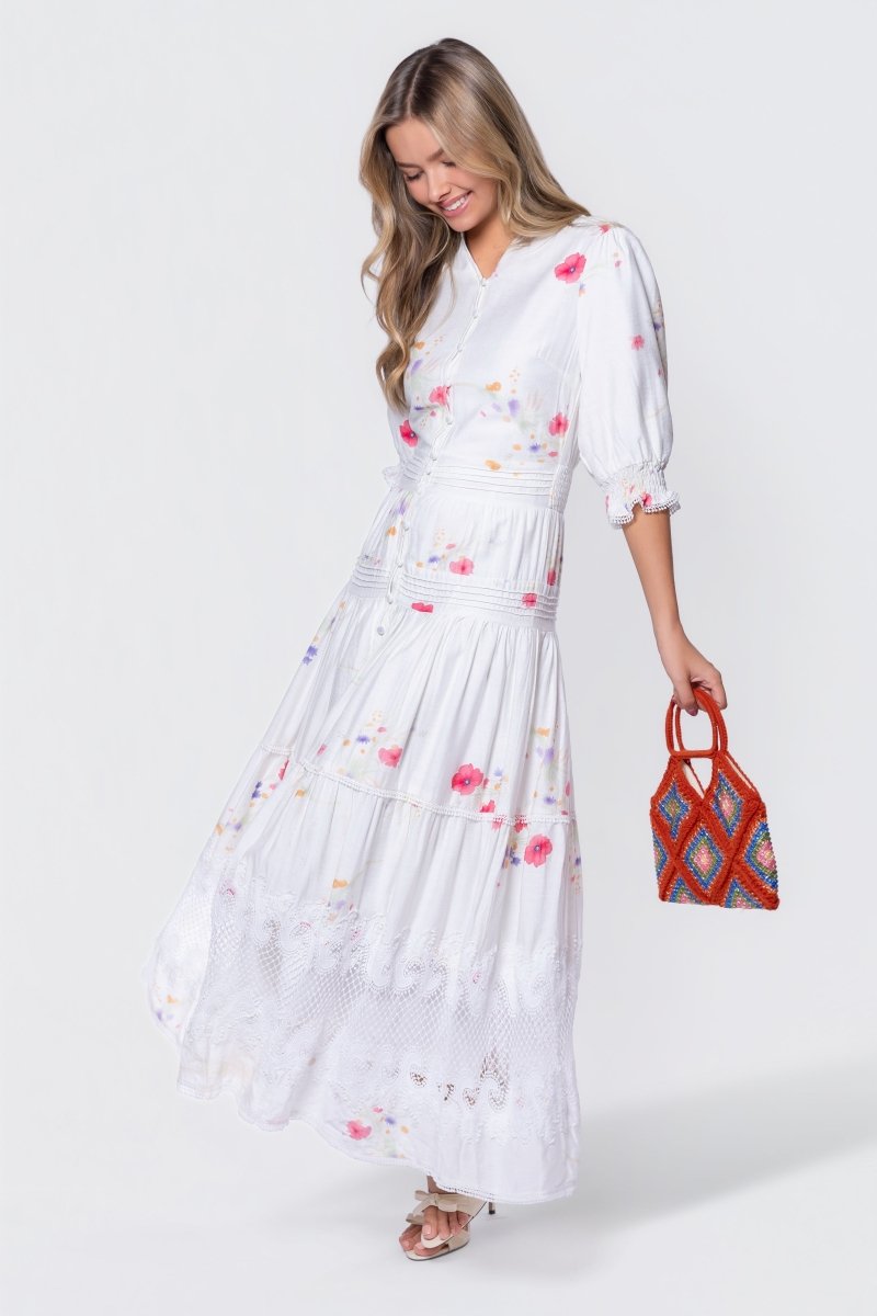 white dress with pink flowers Arizona Orchid Print Maxi Dress, 18 Ideal for flower girl roles Hallie Dress (White Flower) L