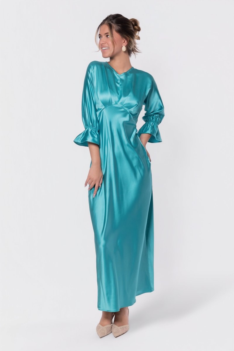 mint green dress Elegant V-Neck Swing Flowy A-Line Maxi with Bell Sleeves & Embellished Belt Abaya (MA189) Romantic and feminine Rebecca Dress (Mint Green) S