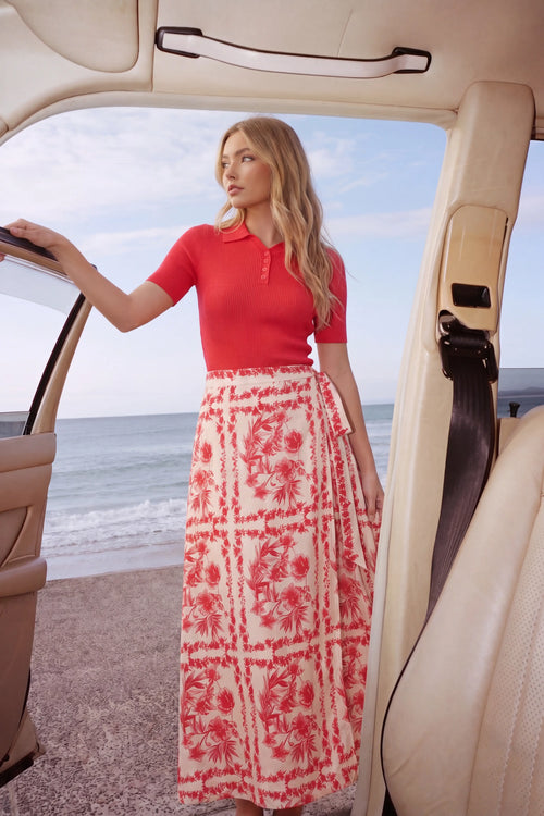 Bailey Top Short Sleeve (Coral Pink) + Leila Skirt (White Red)