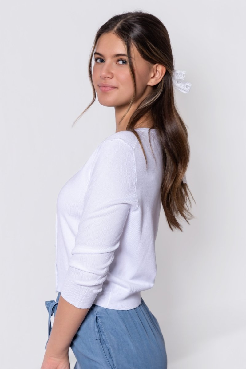 3/4 Sleeve Knit Cardigan (White) - Top - Yakira Bella