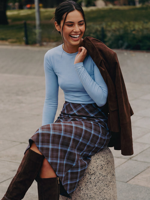 May Top (Dusty Blue) + Elenia Skirt (Brown Plaid)