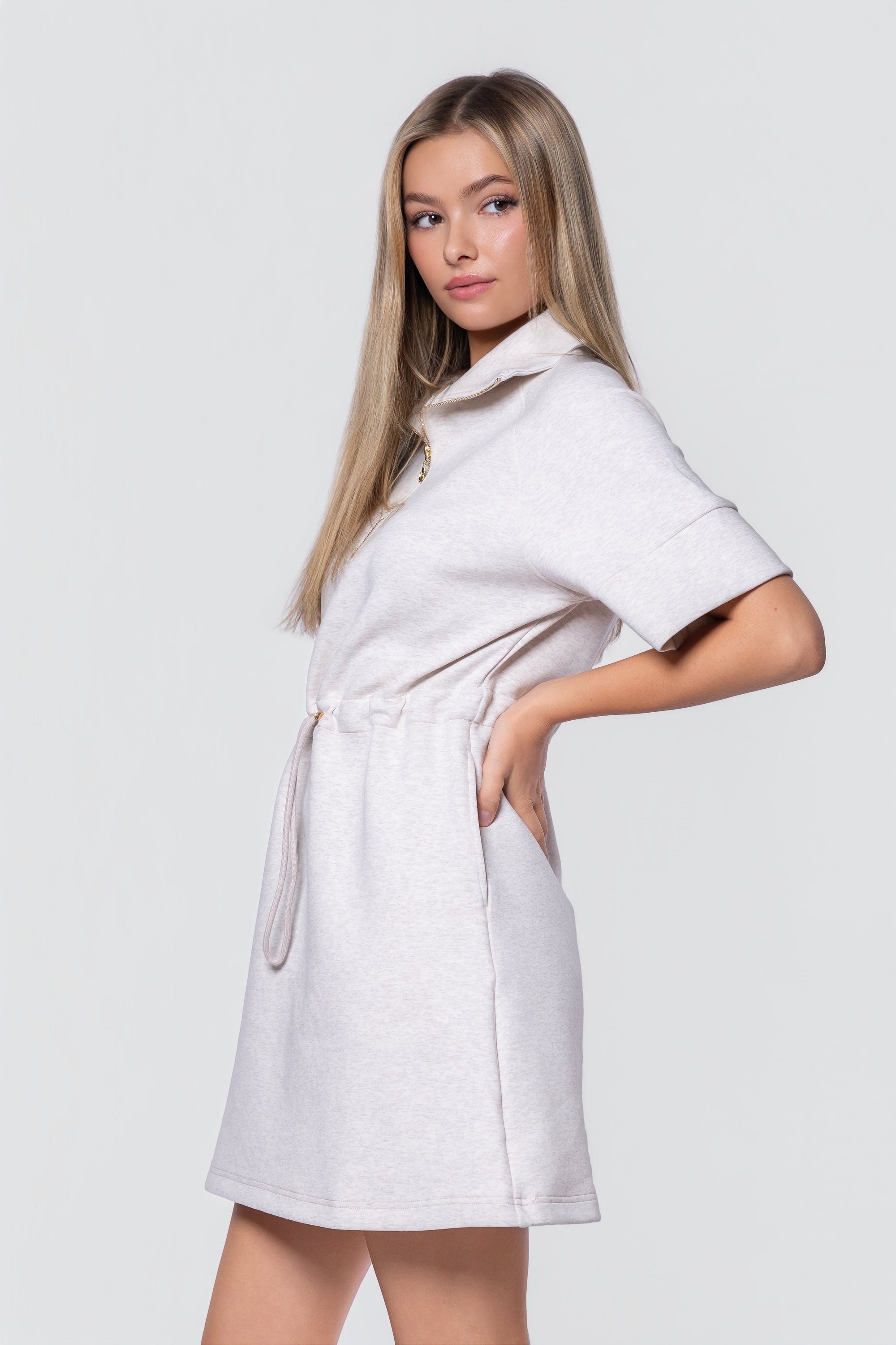 Mina Half Zip Dress Short Sleeve 37" (Ivory Heather)