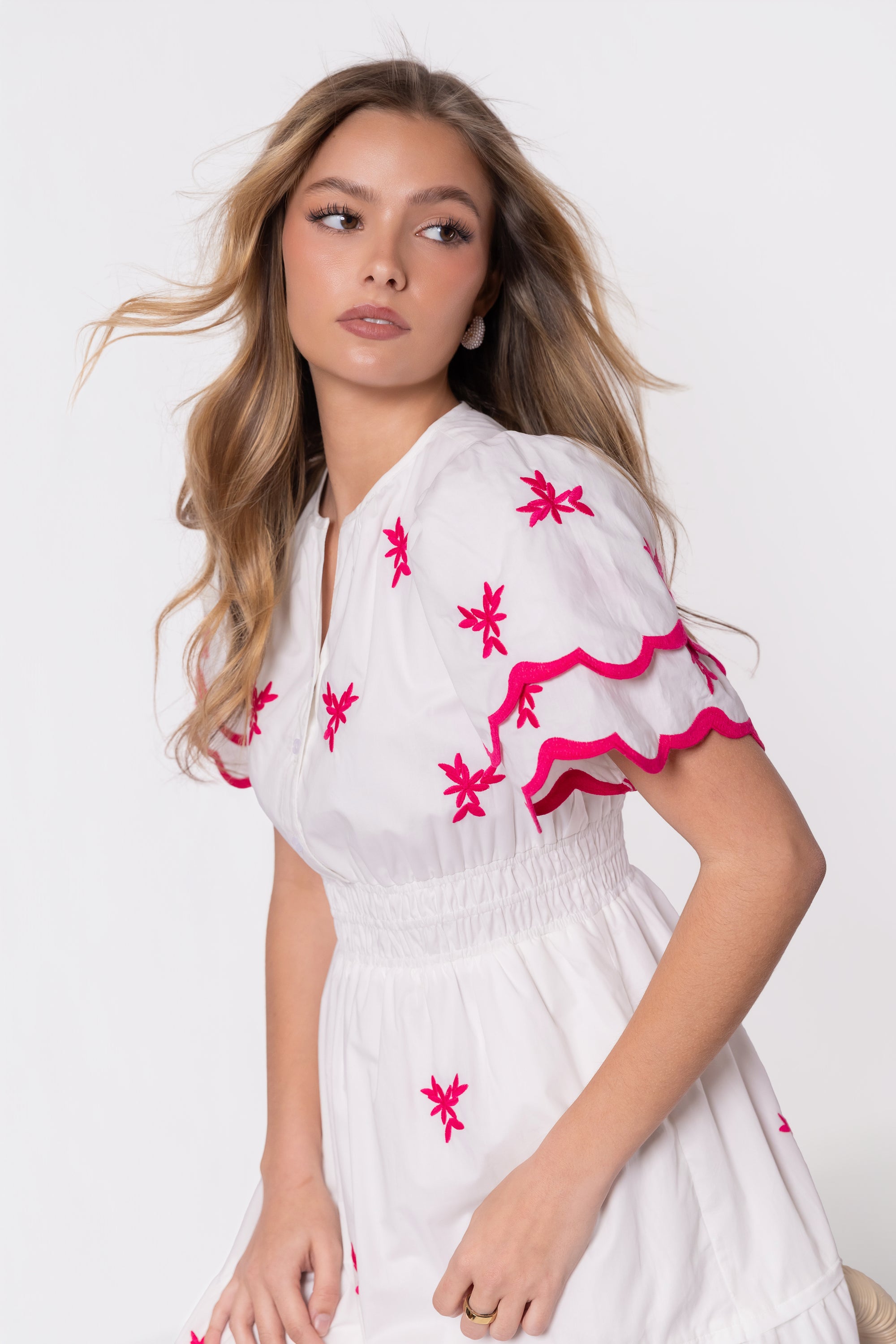 white and pink embroidered dress Tulle Mini Dress with Pink 3D Floral Embroidery K52183