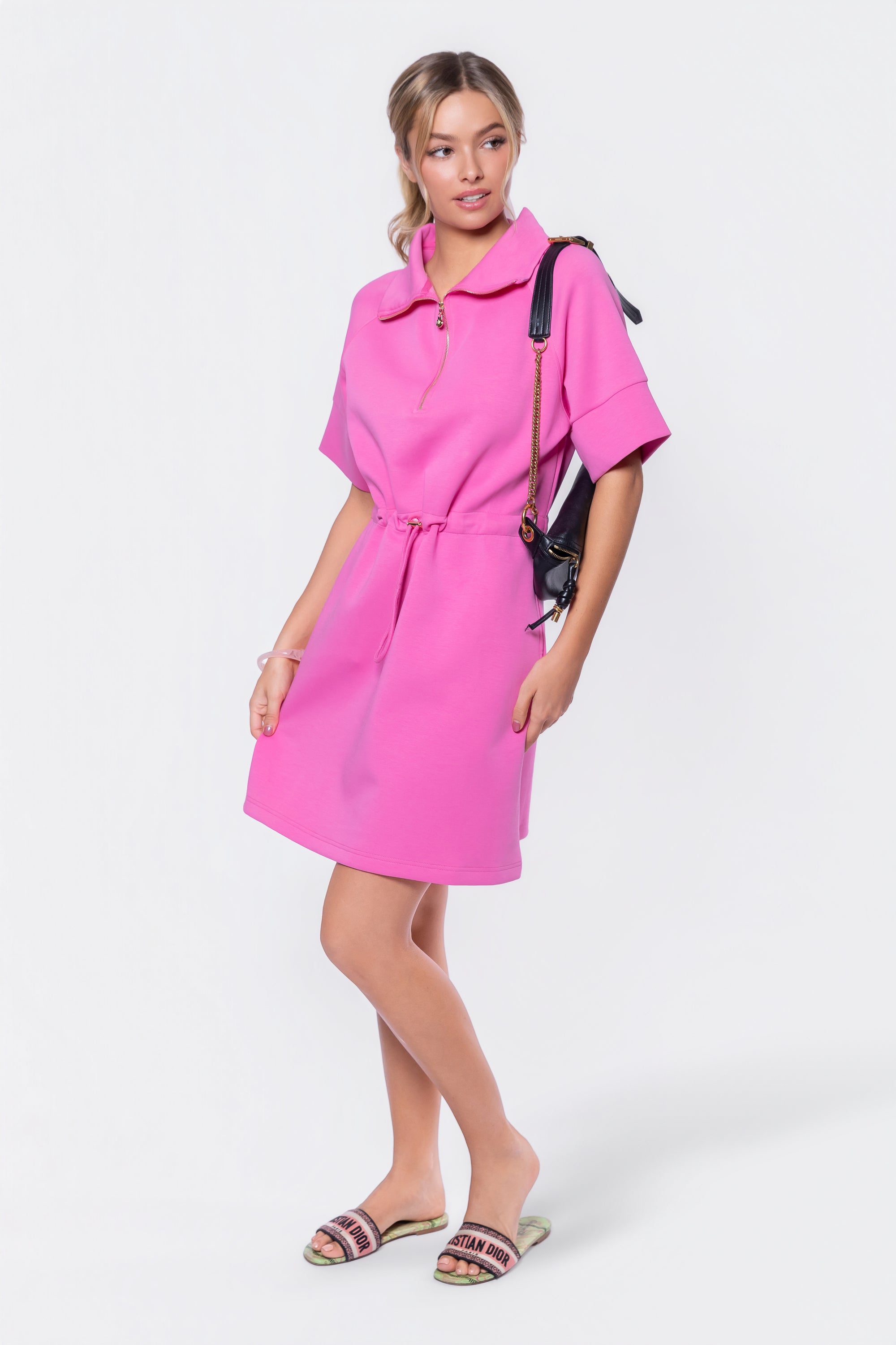 Mina Half Zip Dress Short Sleeve 37" (Bubble Pink)