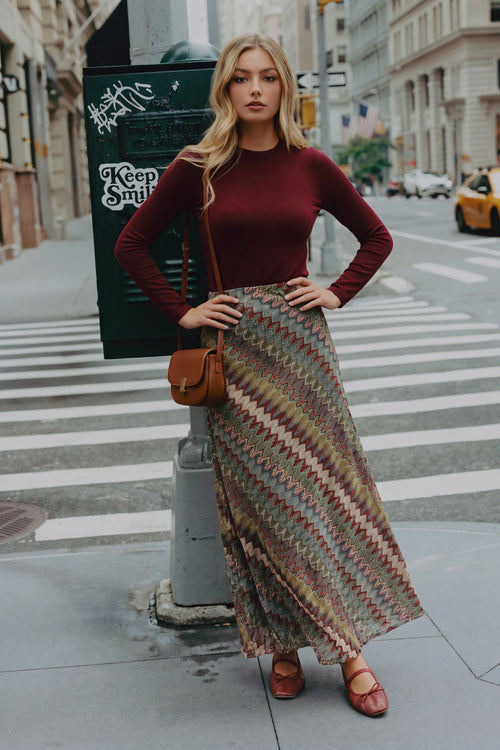 Tina Top (Burgundy) + Nico Skirt (Brown Multi)