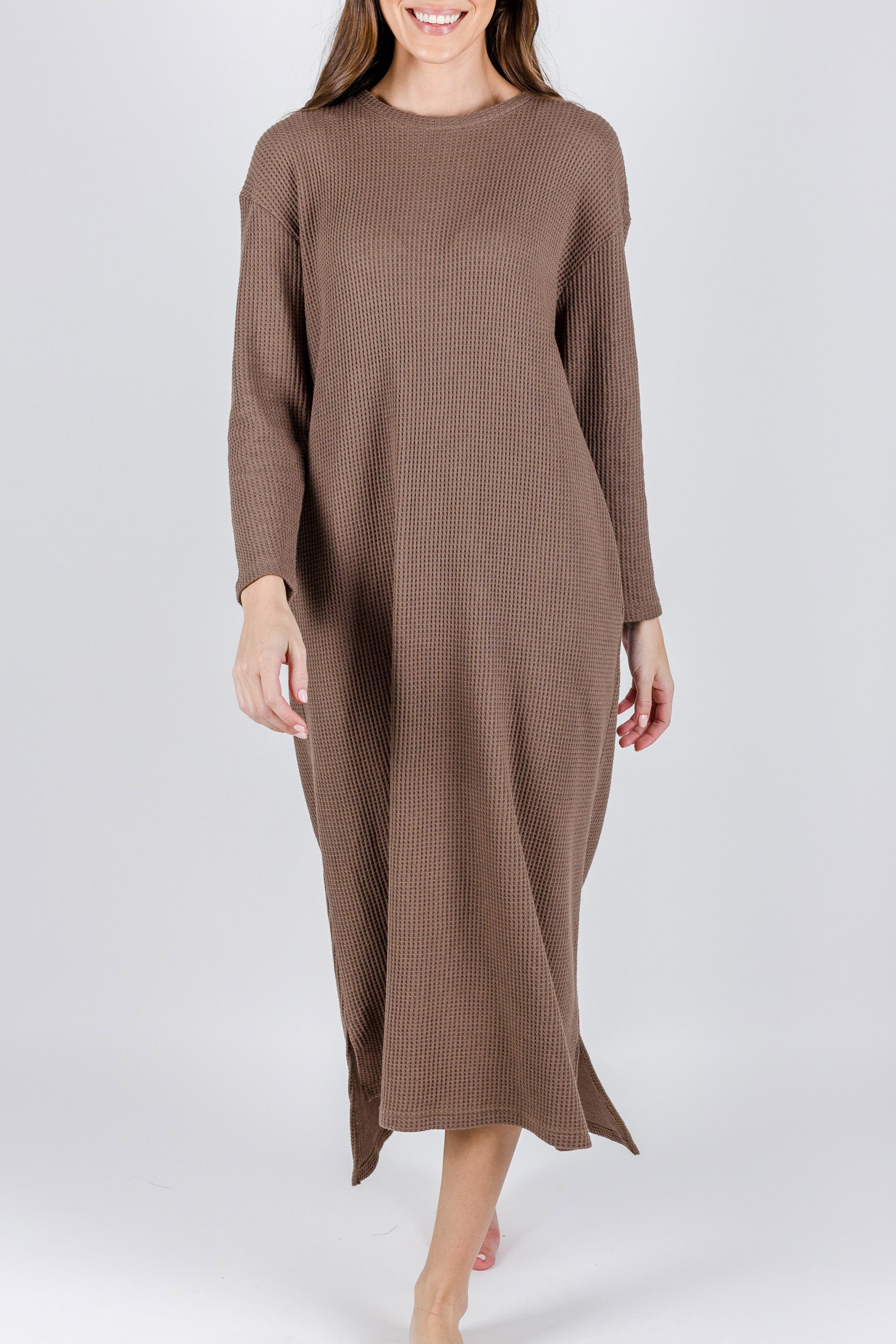 REESE DRESS WAFFLE Long Sleeve (BROWN) - Yakira Bella