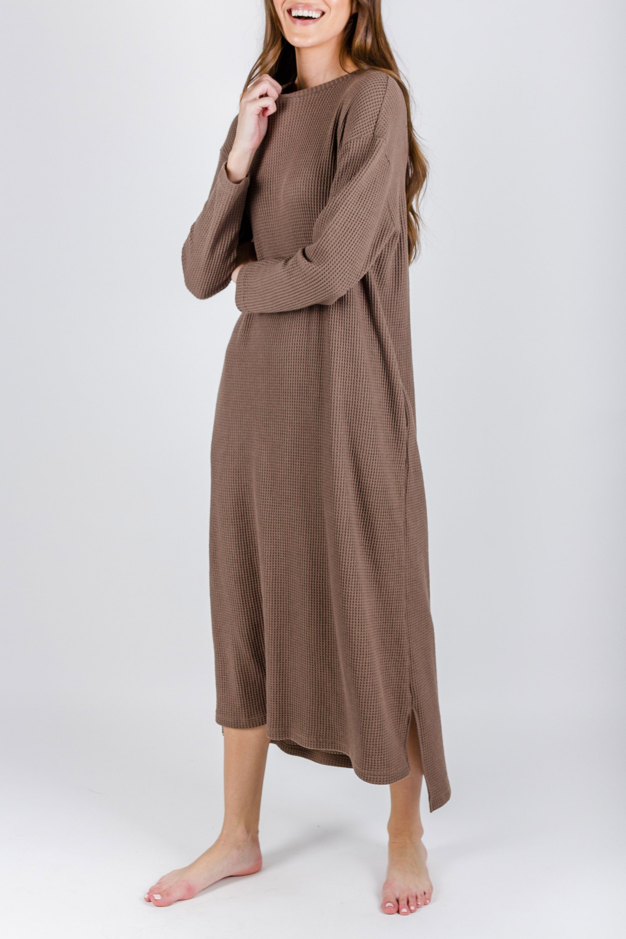 REESE DRESS WAFFLE Long Sleeve (BROWN) - Yakira Bella