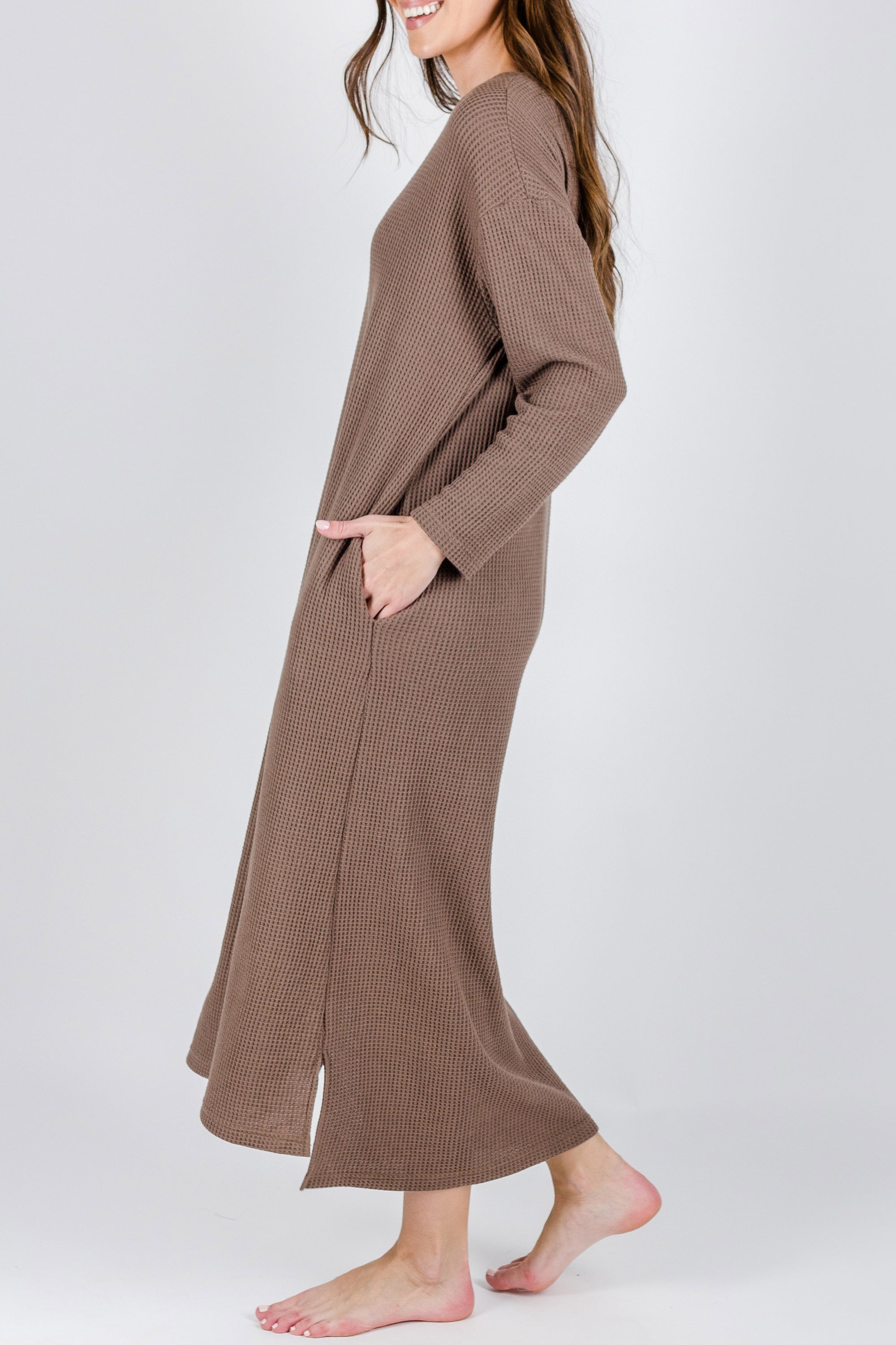 REESE DRESS WAFFLE Long Sleeve (BROWN) - Yakira Bella