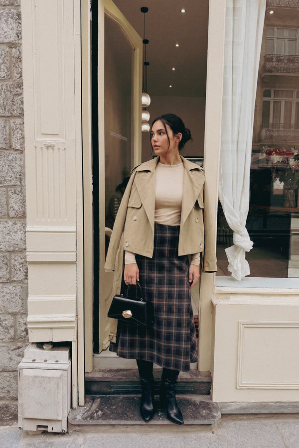 May Top (Beige) + Foley Skirt (Black Plaid)