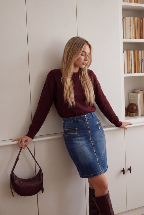 Oversized Sweater (Burgundy) + Devorah Skirt (Blue)
