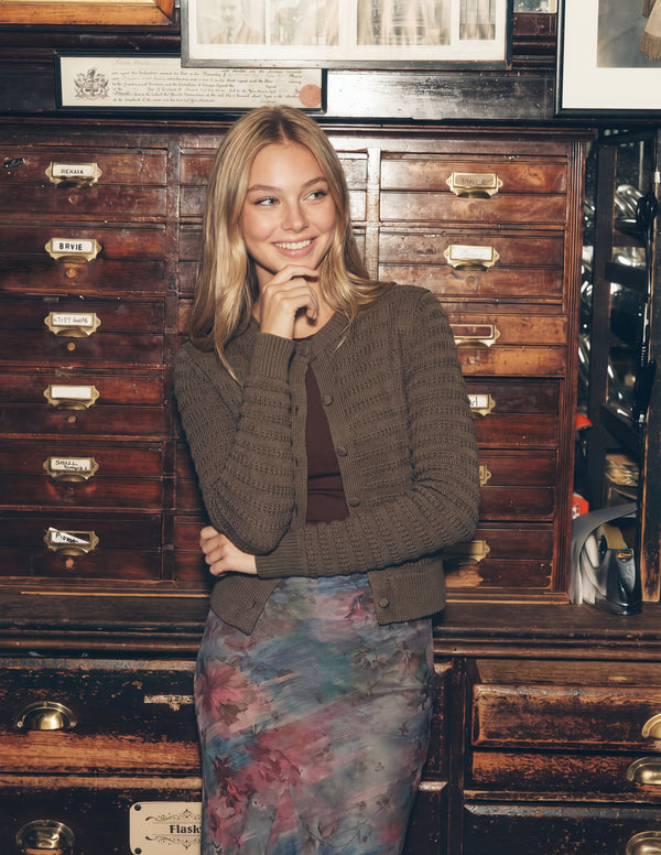 Lucca Cardigan (Olive Green) + Natalia Skirt (Teal Ground)