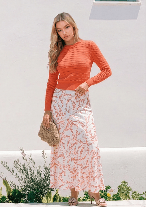 Paige Top (Bright Coral Pink) + Rachel Skirt (Ivory Flower)