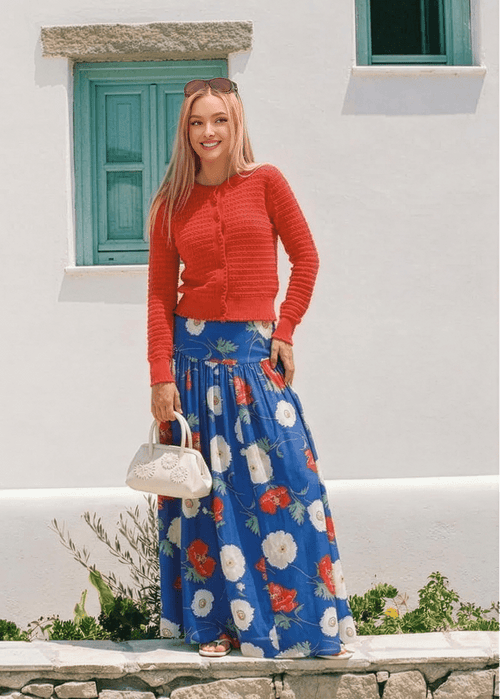 Jane Cardigan (Coral Pink) + Tansy Skirt (Blue Flower)