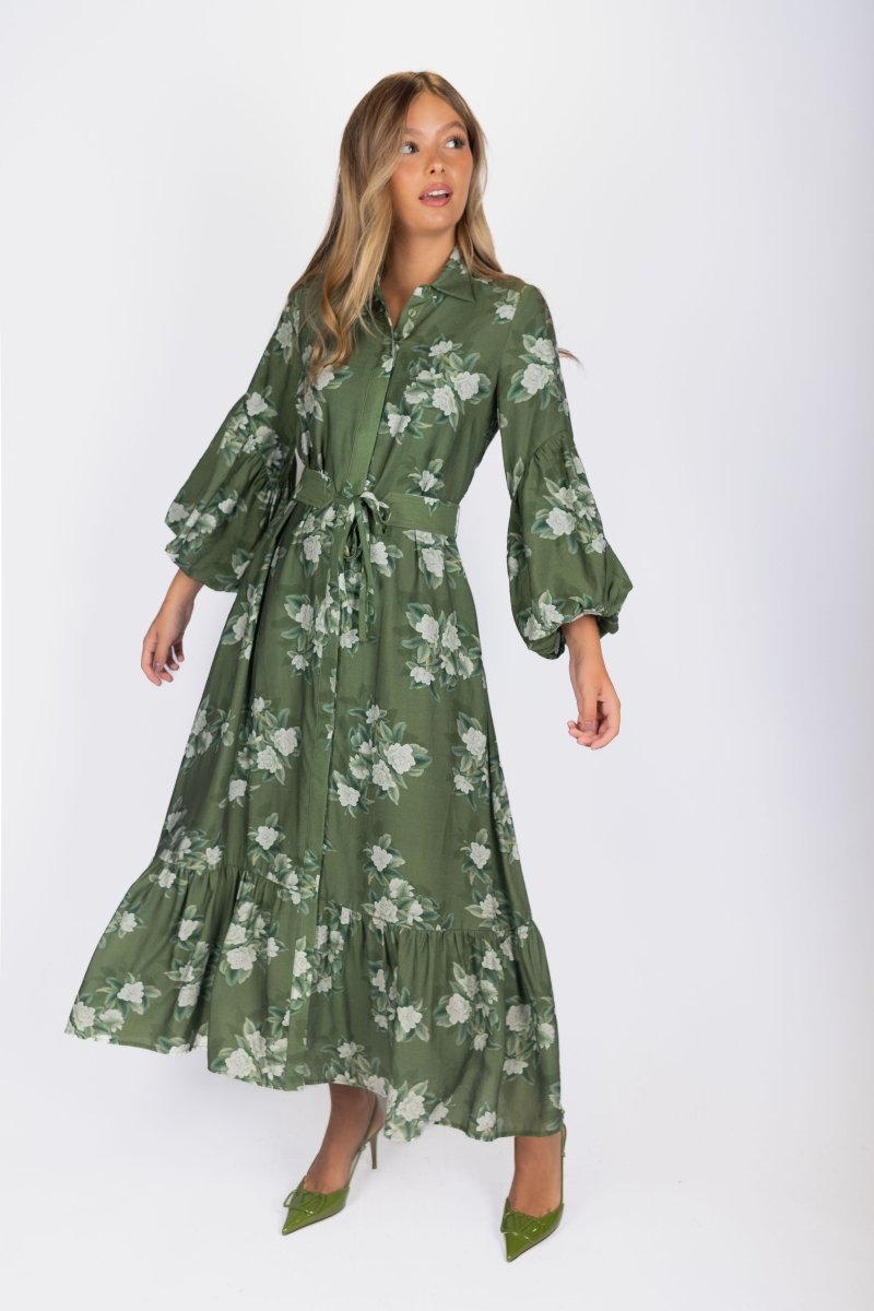 Alice Dress Long Sleeve 53&quot; (Green Ground) - Dress - Yakira Bella