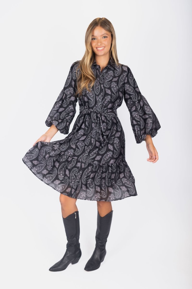 Allie Dress Long Sleeve 41&quot; (Black Pattern) - Dress - Yakira Bella