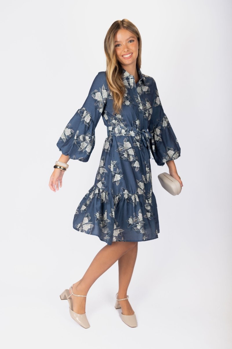 Allie Dress Long Sleeve 41&quot; (Navy Ground) - Dress - Yakira Bella