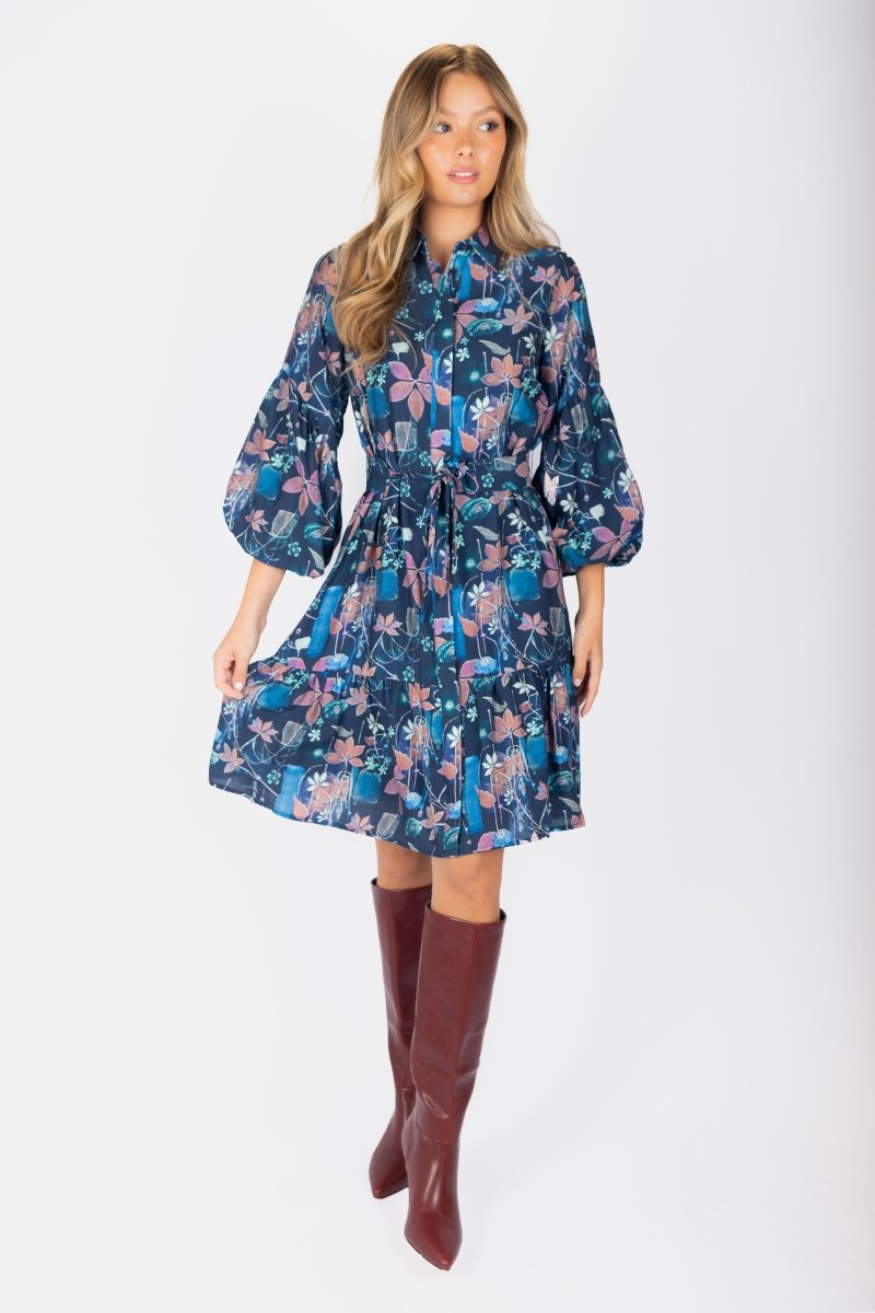 Allie Dress Long Sleeve 41&quot; (Navy Pattern) - Dress - Yakira Bella