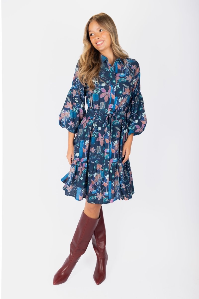 Allie Dress Long Sleeve 41&quot; (Navy Pattern) - Dress - Yakira Bella