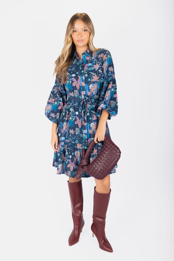 Allie Dress Long Sleeve 41" (Navy Pattern) - Dress - Yakira Bella