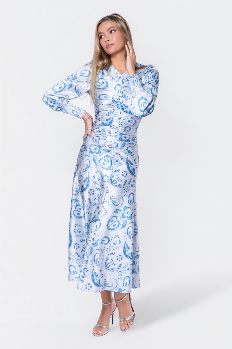 Audrey Dress Long Sleeve (Blue Pattern) - Dress - Yakira Bella