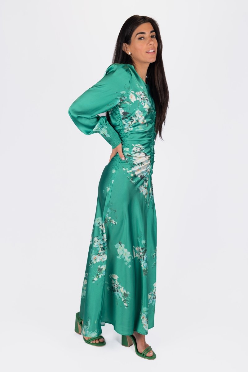 AUDREY DRESS LONG SLEEVE (GREEN FLOWER) - Dress - Yakira Bella