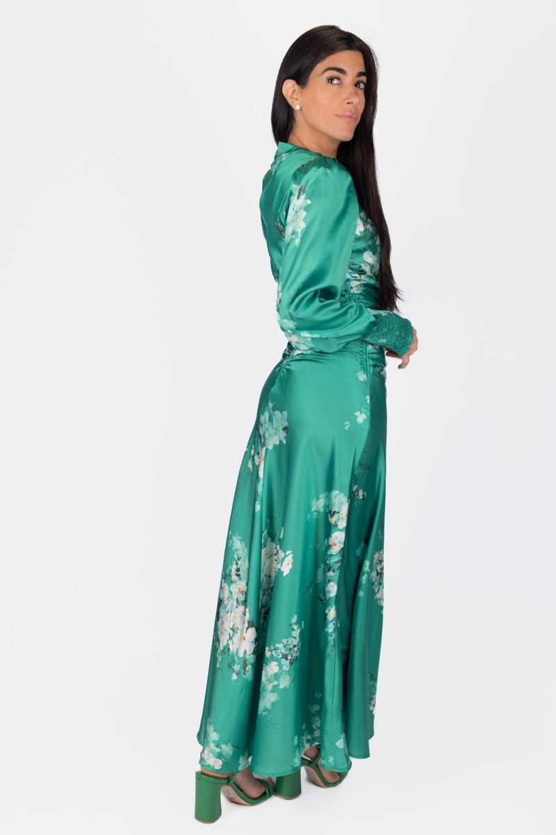 AUDREY DRESS LONG SLEEVE (GREEN FLOWER) - Dress - Yakira Bella