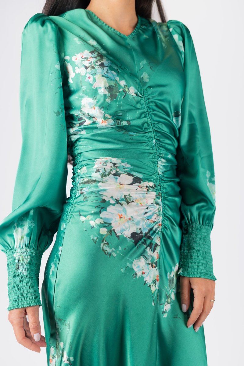 AUDREY DRESS LONG SLEEVE (GREEN FLOWER) - Dress - Yakira Bella