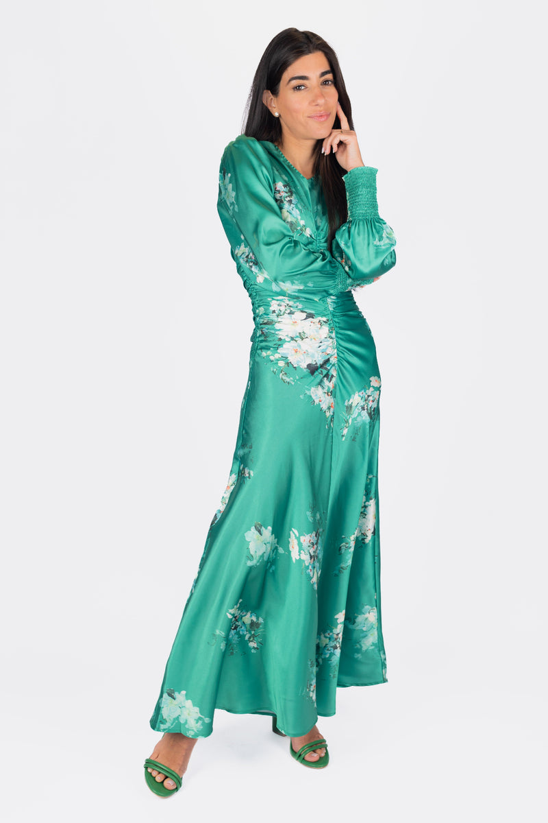 AUDREY DRESS LONG SLEEVE (GREEN FLOWER) - Dress - Yakira Bella