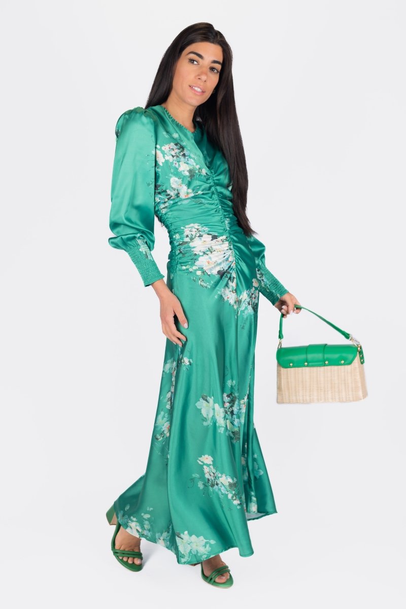 AUDREY DRESS LONG SLEEVE (GREEN FLOWER) - Dress - Yakira Bella