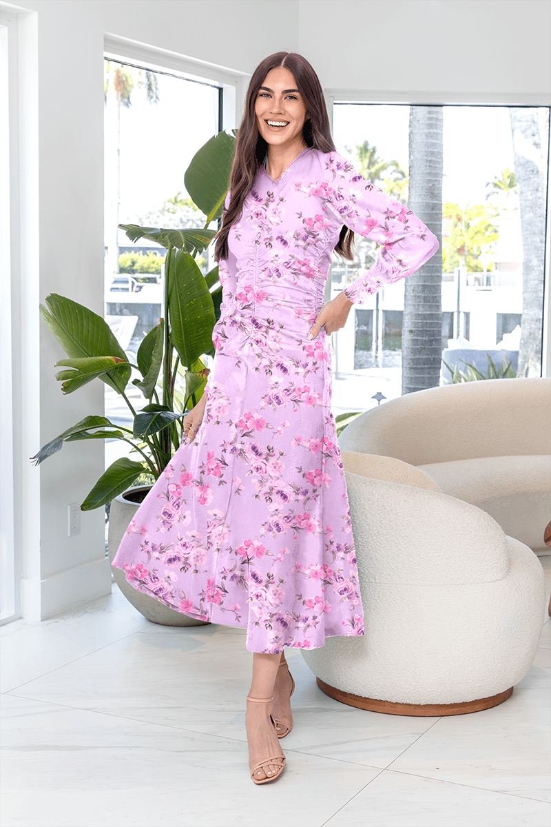 AUDREY DRESS LONG SLEEVE (LAVENDER FLOWER) - Dress - Yakira Bella