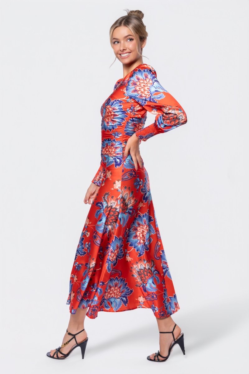 red long sleeve midi dress Racing Solid Color Ruffle Trim Tiered Shift ModeShe 34 bust Audrey Dress Long Sleeve (Red/Blue)