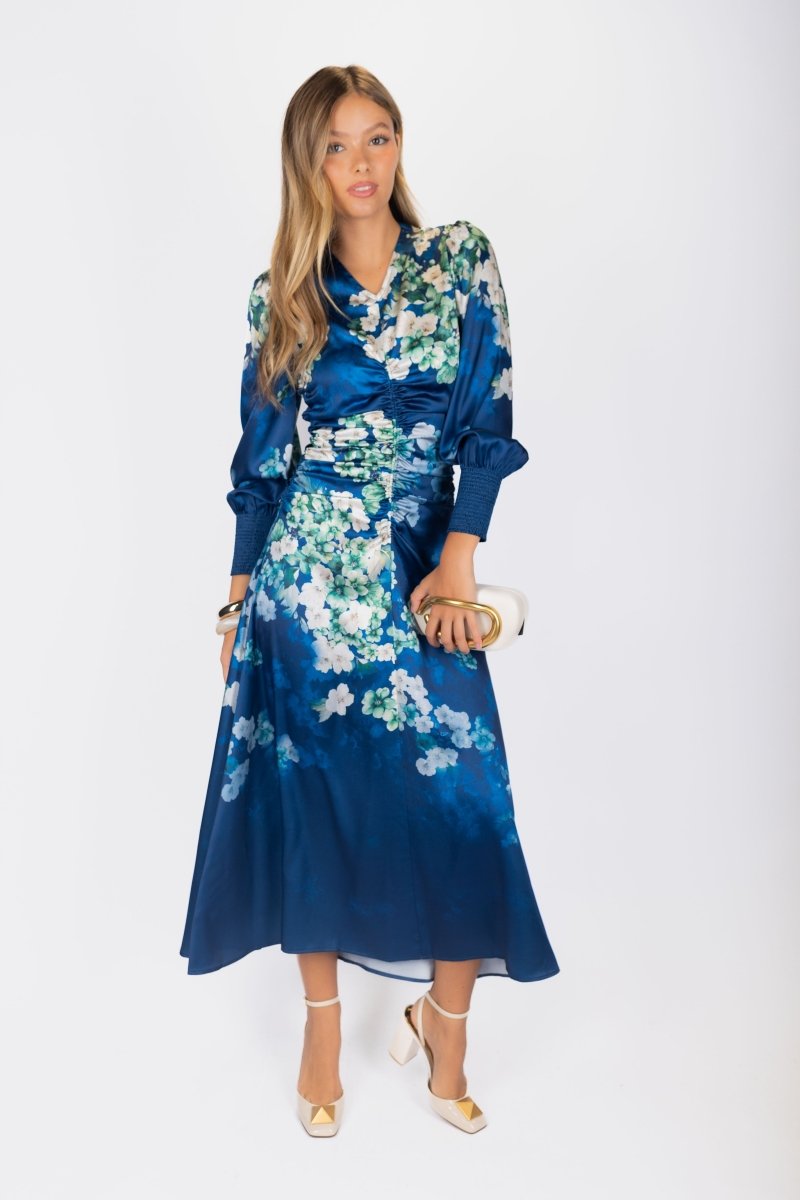 Audrey Dress Long Sleeve (Teal Blue Pattern) - Dress - Yakira Bella