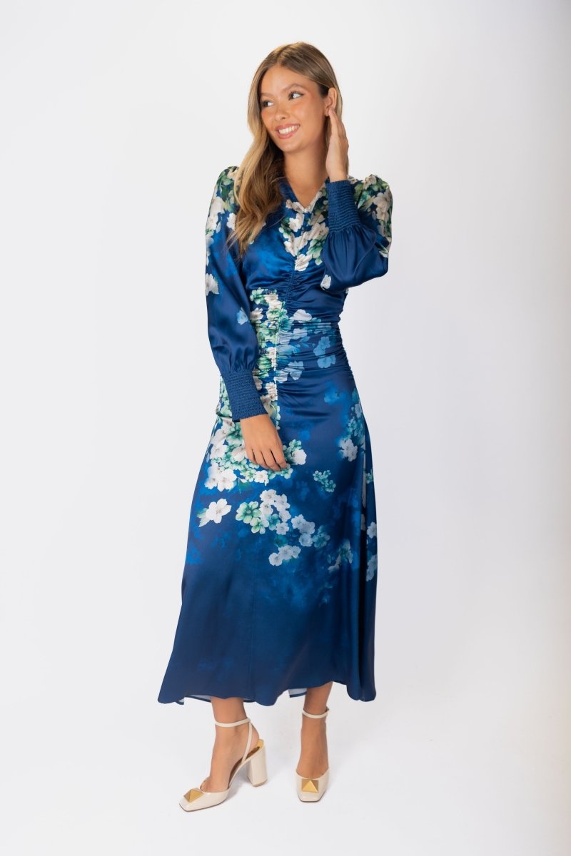 Audrey Dress Long Sleeve (Teal Blue Pattern) - Dress - Yakira Bella