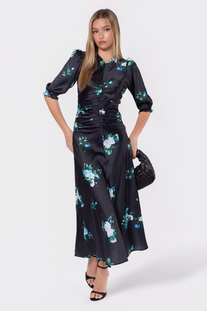 Audrey Dress Short Sleeve (Dark Green Flower) - Dress - Yakira Bella