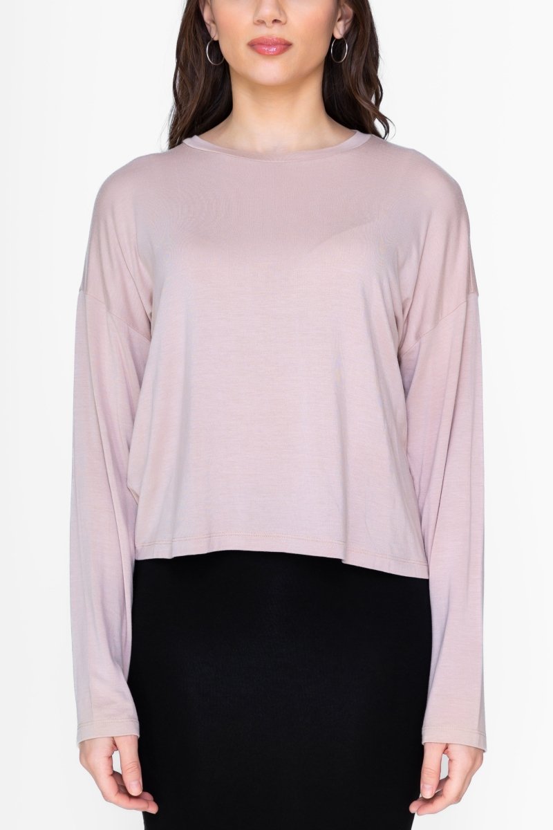 BOXY LONG SLEEVE TEE CROPPED (TAUPE) - Top - Yakira Bella