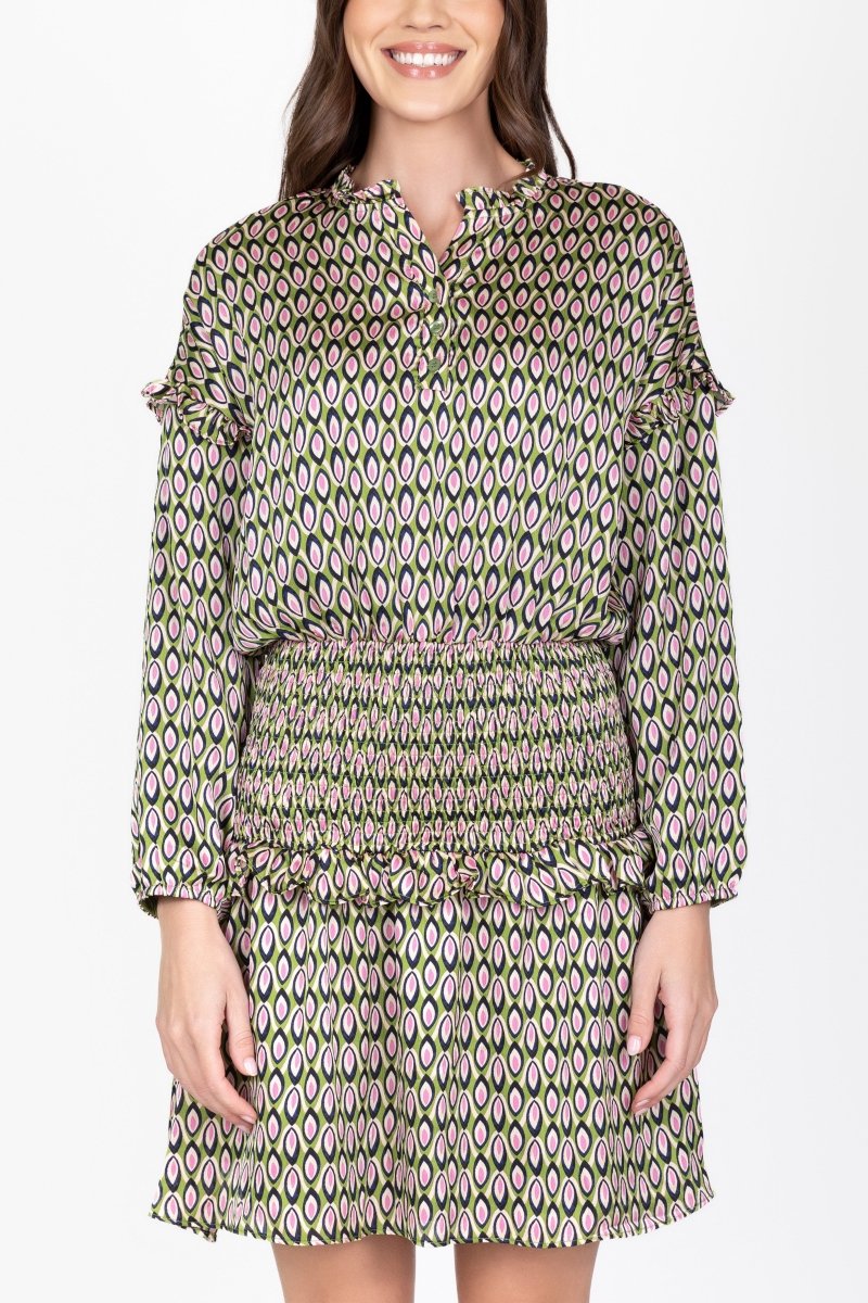EMILY DRESS Long Sleeve (GREEN PATTERN) 37" - Dress - Yakira Bella