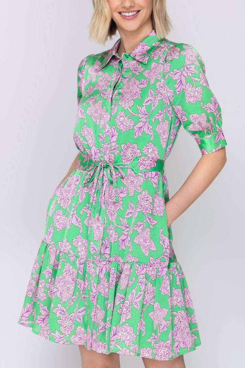 ESME DRESS Short Sleeve (GREEN/PINK) 37" - Dress - Yakira Bella