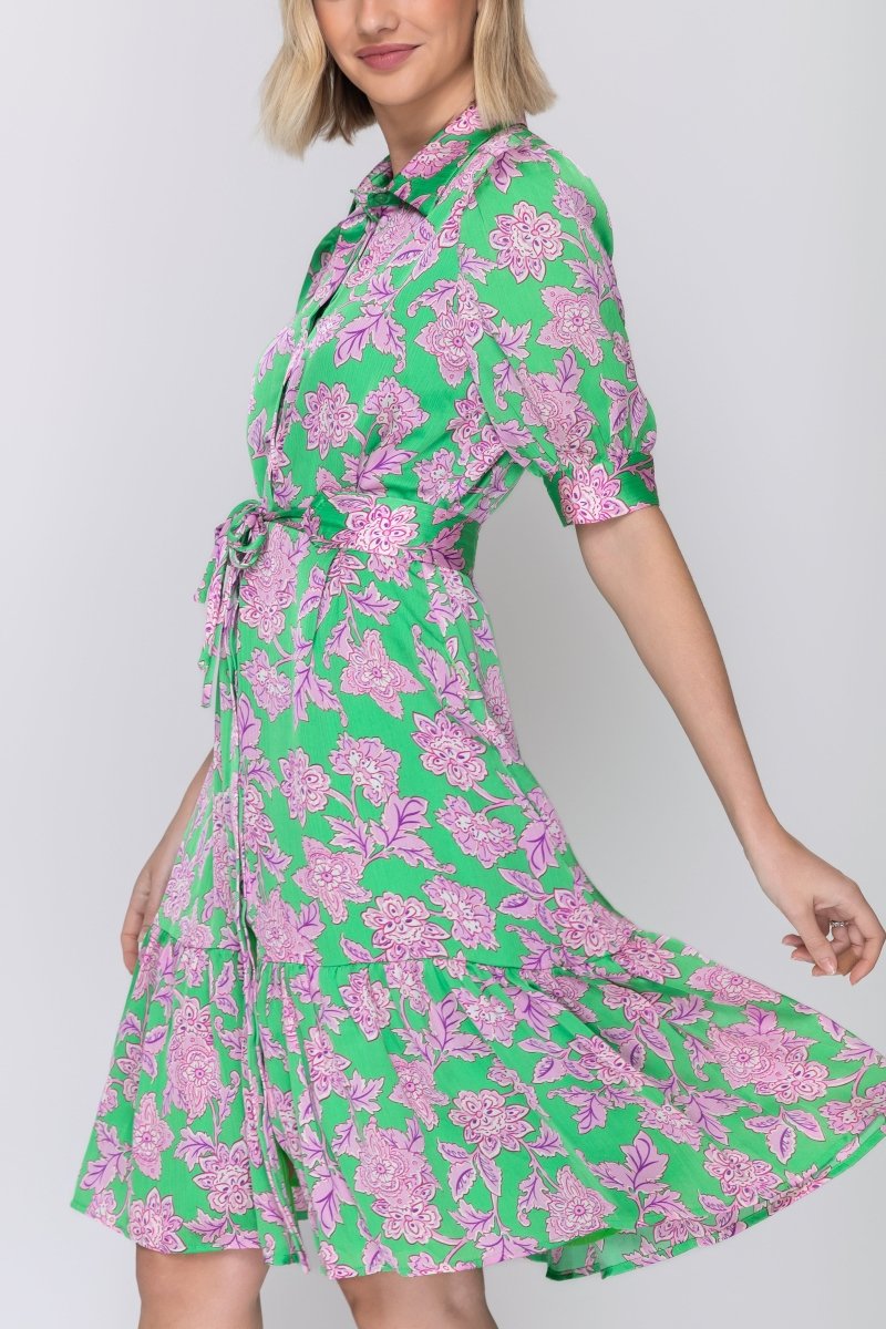 ESME DRESS Short Sleeve (GREEN/PINK) 41" - Dress - Yakira Bella