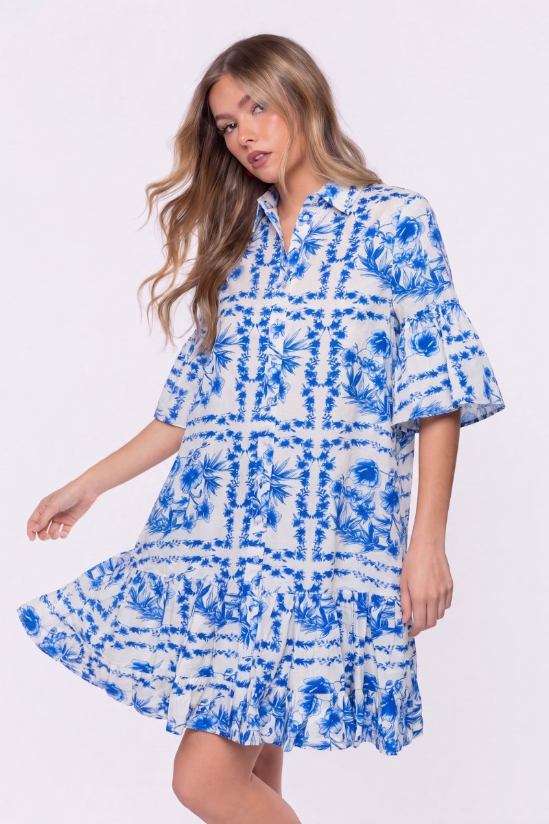 Lola Dress (White Blue) - Dress - Yakira Bella