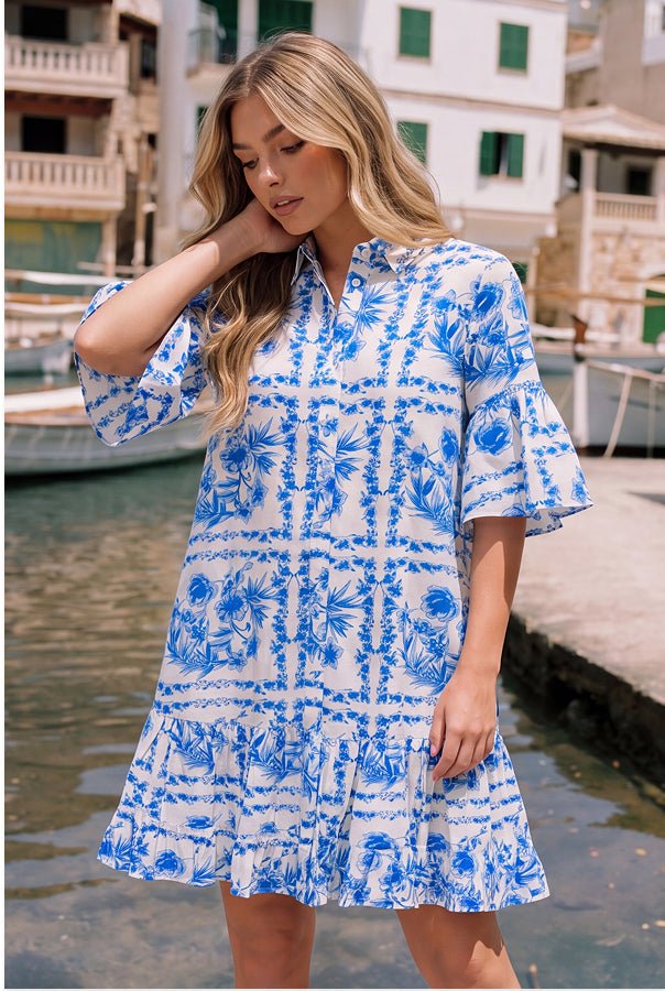 Lola Dress (White Blue) - Dress - Yakira Bella