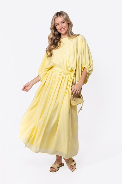 chinese dress ladies Doen Long Sleeve Ruffled Maxi Dress Light Yellow Floral Print Crepe Si –  Celebrity Owned