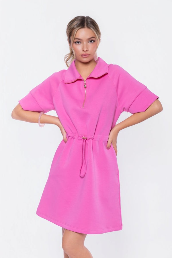 Mina Half Zip Dress Short Sleeve 37" (Bubble Pink) - Dress - Yakira Bella