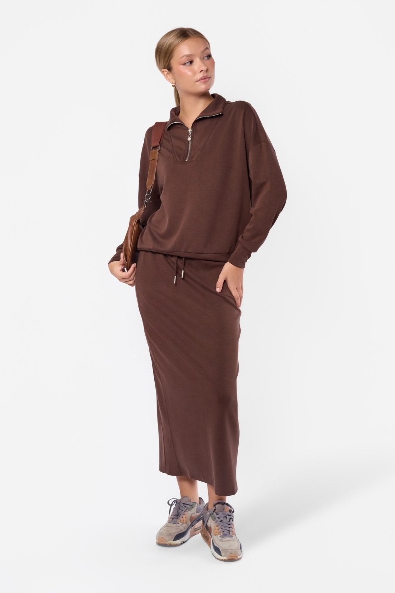 Mina Half Zip Top (Dark Brown) - Top - Yakira Bella