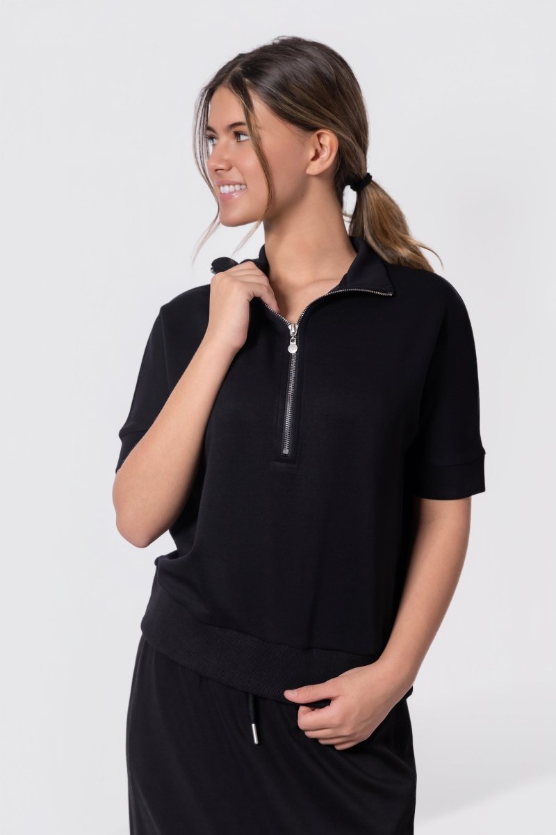 Mina Half Zip Top Short Sleeve (Black) - Top - Yakira Bella