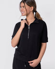 Mina Half Zip Top Short Sleeve (Black) - Top - Yakira Bella