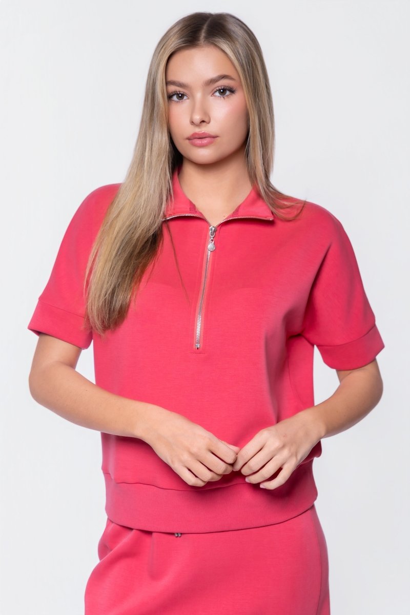 Mina Half Zip Top Short Sleeve (Coral) - Top - Yakira Bella