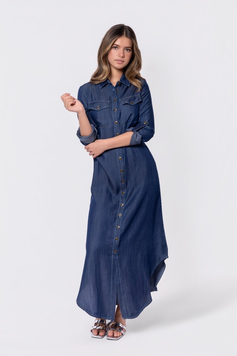 piper denim dress The Horan Button-Down Midi Dress in Denim Large