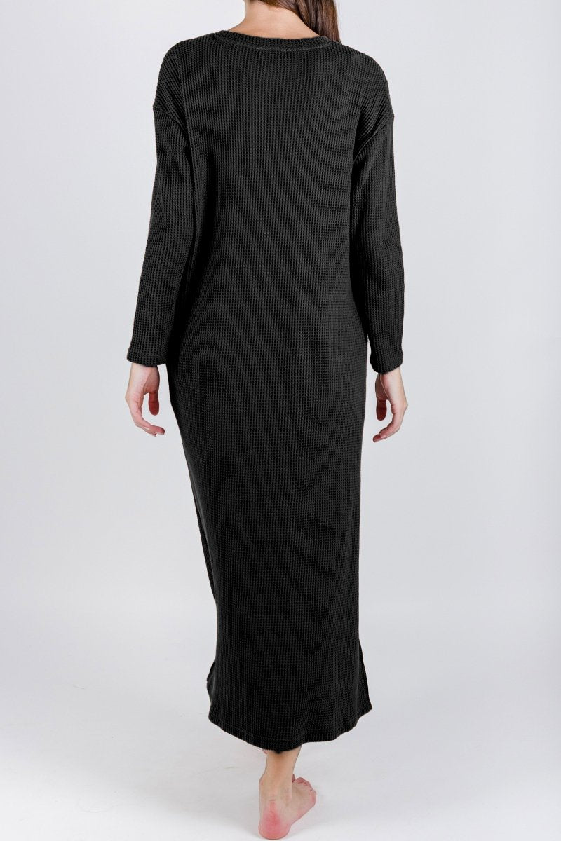 REESE DRESS WAFFLE LONG SLEEVE (BLACK) - Dress - Yakira Bella